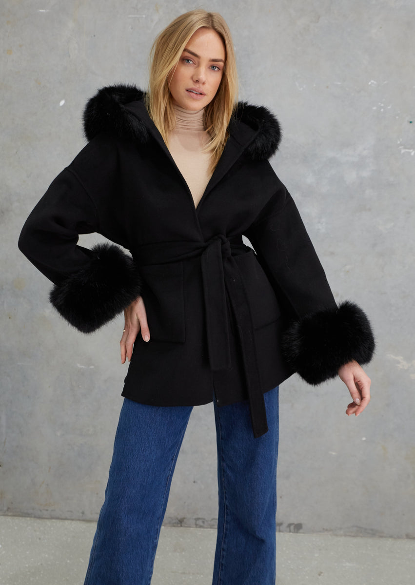 Phoenix Wool Faux Fur Hood Jacket Onyx – Birds of a Feather Couture