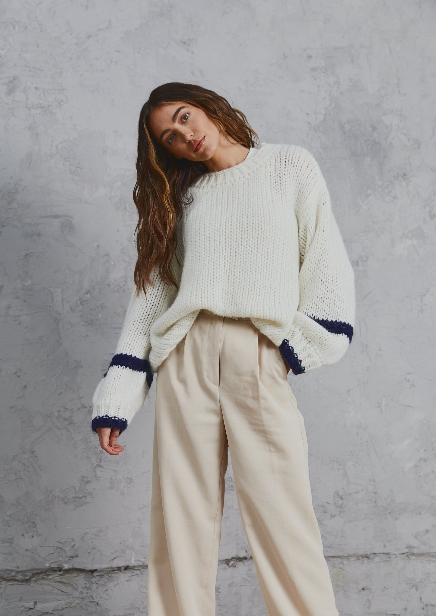 Avery Chunky Knit Sweater Bone & Navy