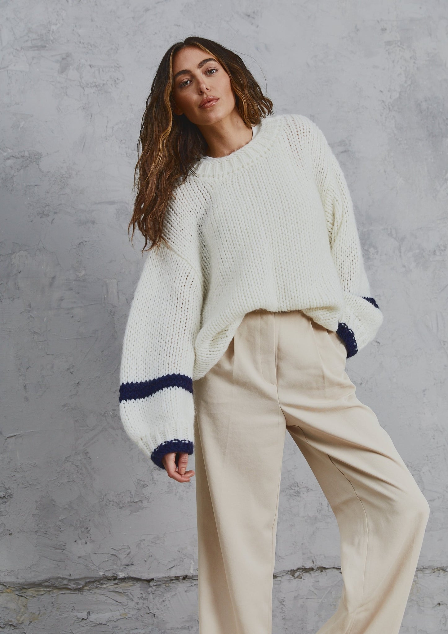 Avery Chunky Knit Sweater Bone & Navy