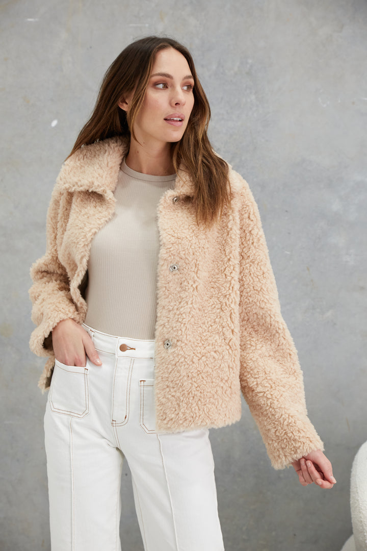 Kira Wool Teddy Jacket  Sand
