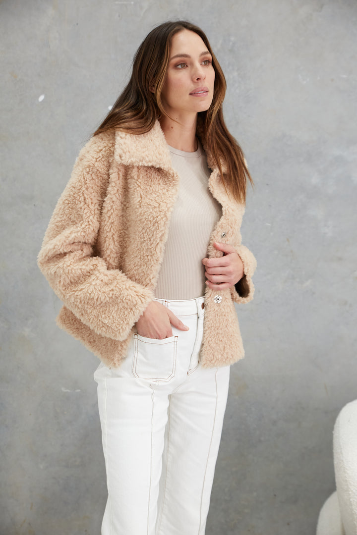Kira Wool Teddy Jacket  Sand