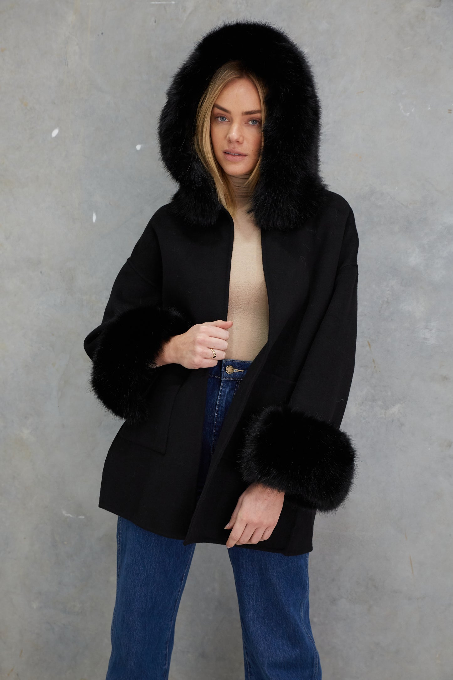 Phoenix Wool Faux Fur Hood Jacket  Onyx