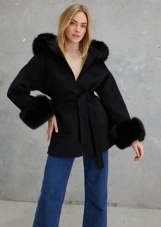 Phoenix Wool Faux Fur Hood Jacket  Onyx