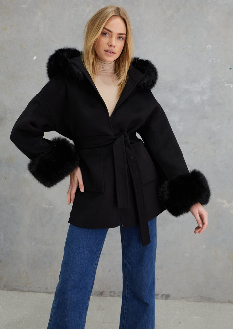 Phoenix Wool Faux Fur Hood Jacket Onyx – Birds of a Feather Couture