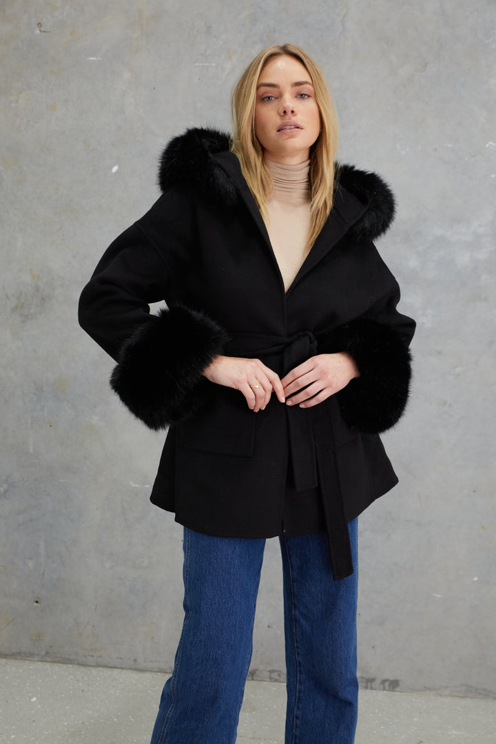 Phoenix Wool Faux Fur Hood Jacket Onyx - Main Image