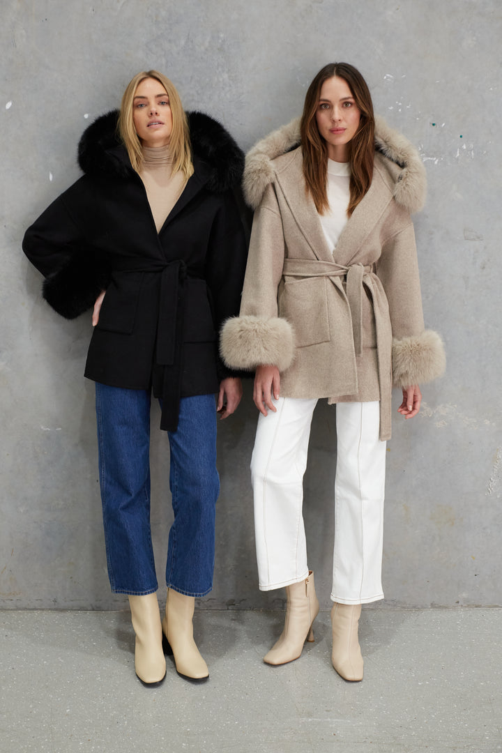Phoenix Wool Faux Fur Hood Jacket  Beige