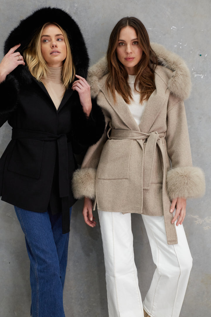 Phoenix Wool Faux Fur Hood Jacket  Beige