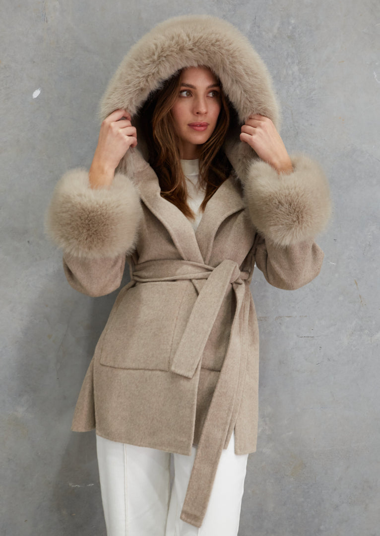 Phoenix Wool Faux Fur Hood Jacket  Beige