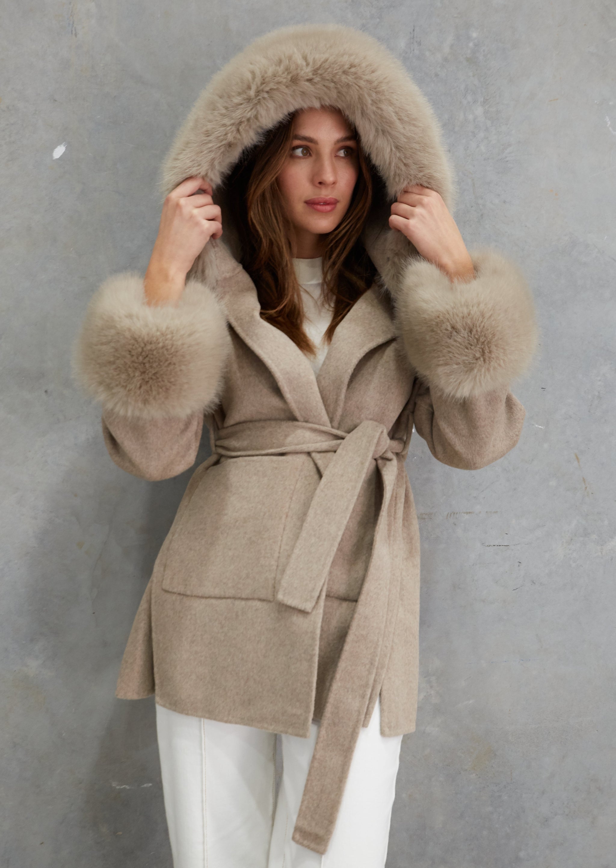 Phoenix Wool Faux Fur Hood Jacket Beige – Birds of a Feather Couture