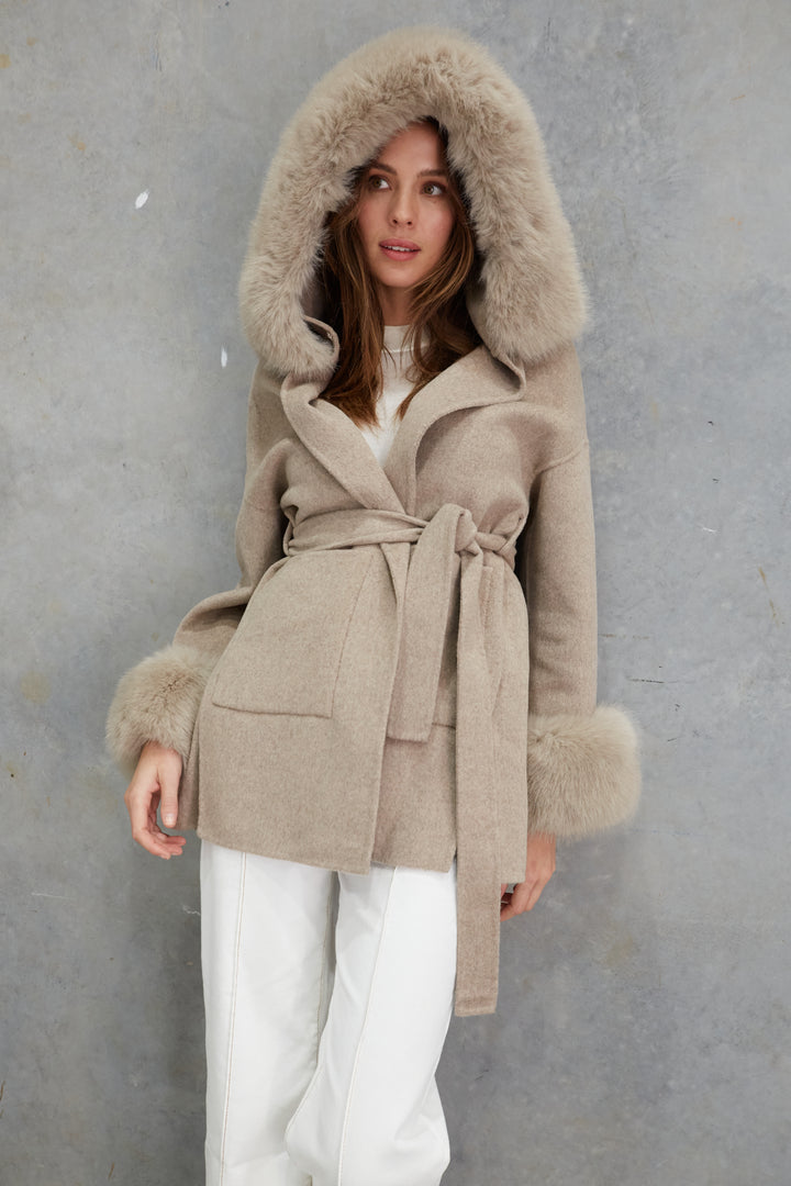 Phoenix Wool Faux Fur Hood Jacket  Beige
