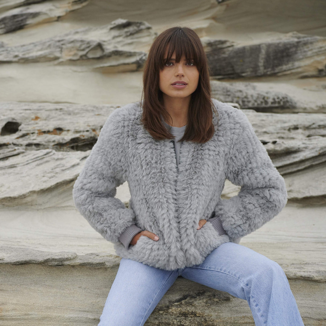 Faux Fur Bomber  Silver Grey