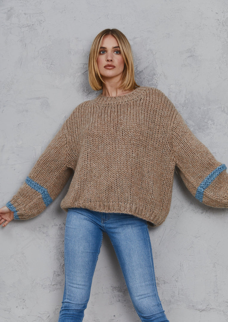 Avery Chunky Knit Sweater Tan & Sky