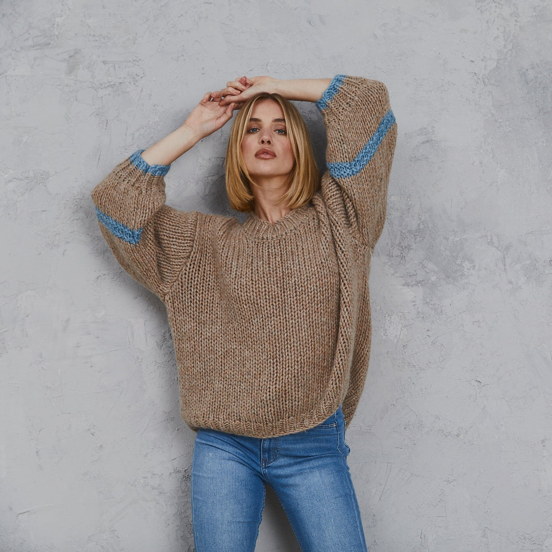 Avery Chunky Knit Sweater Tan & Sky
