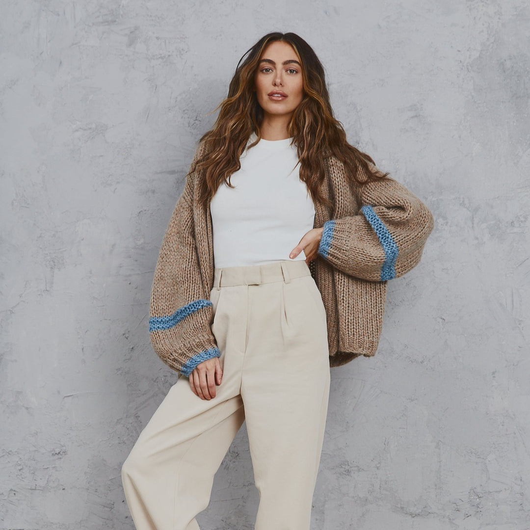 Amelia Chunky Knit Cardigan Tan & Sky