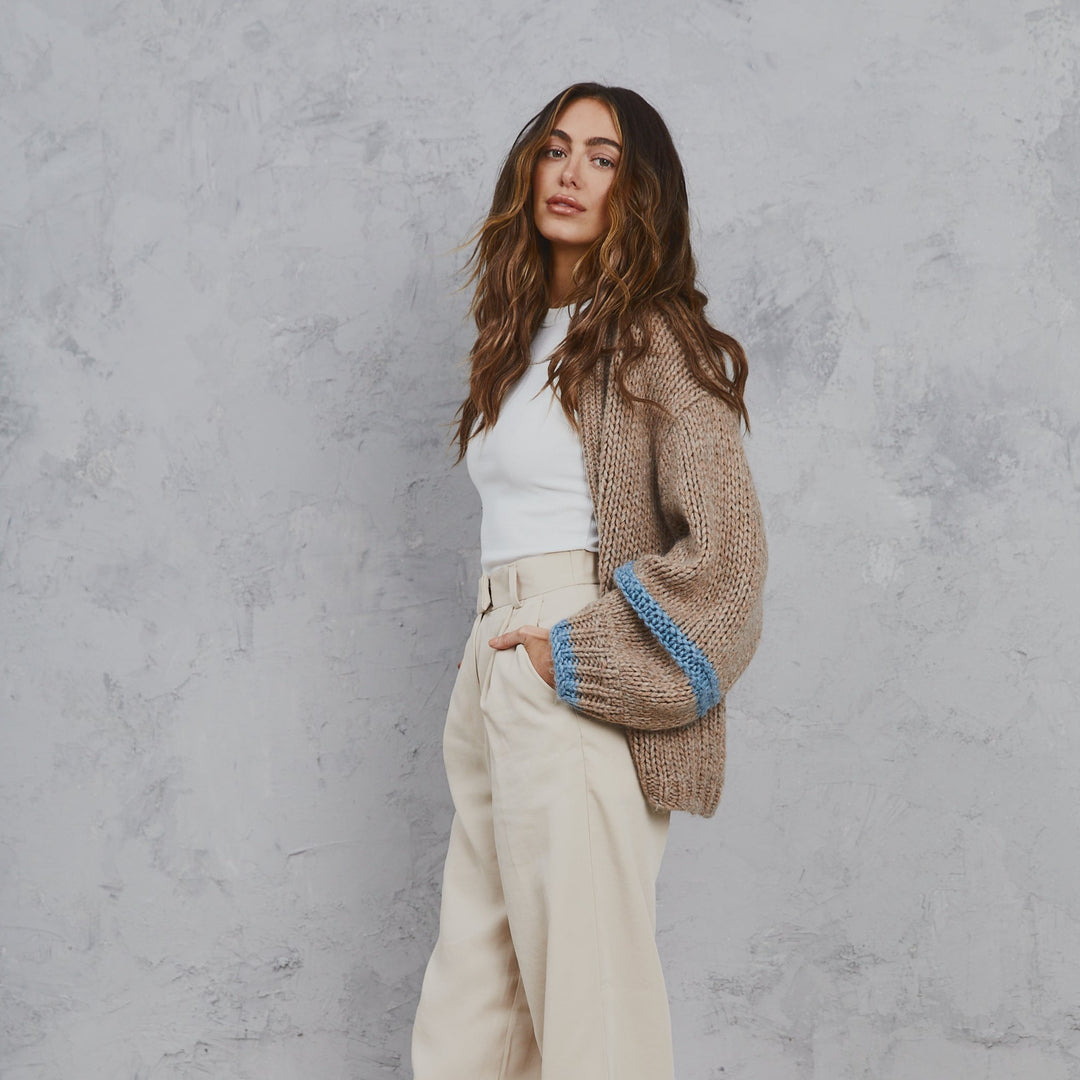 Amelia Chunky Knit Cardigan Tan & Sky