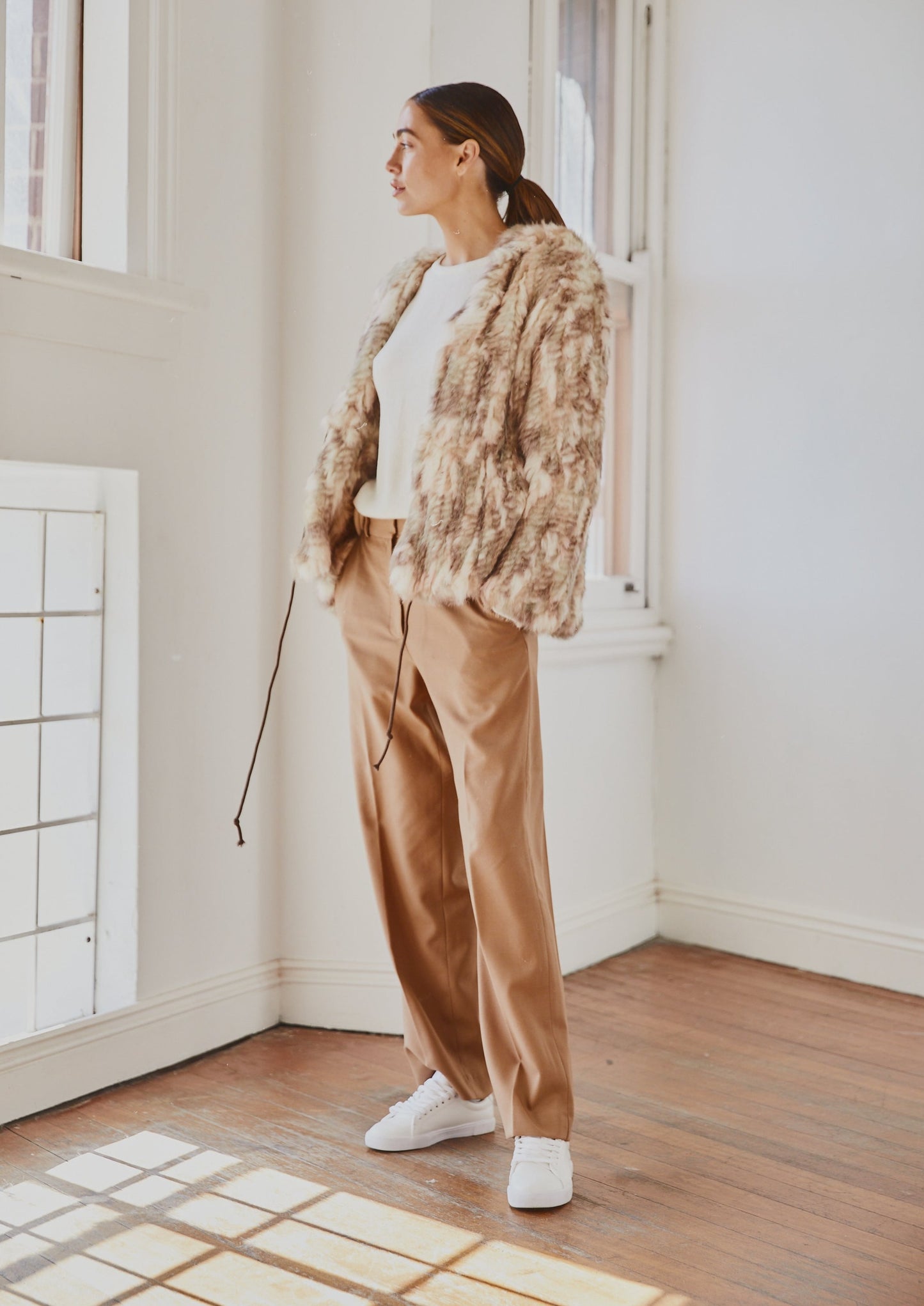 Lady Luxe Furs drawstring Jacket Multi beige