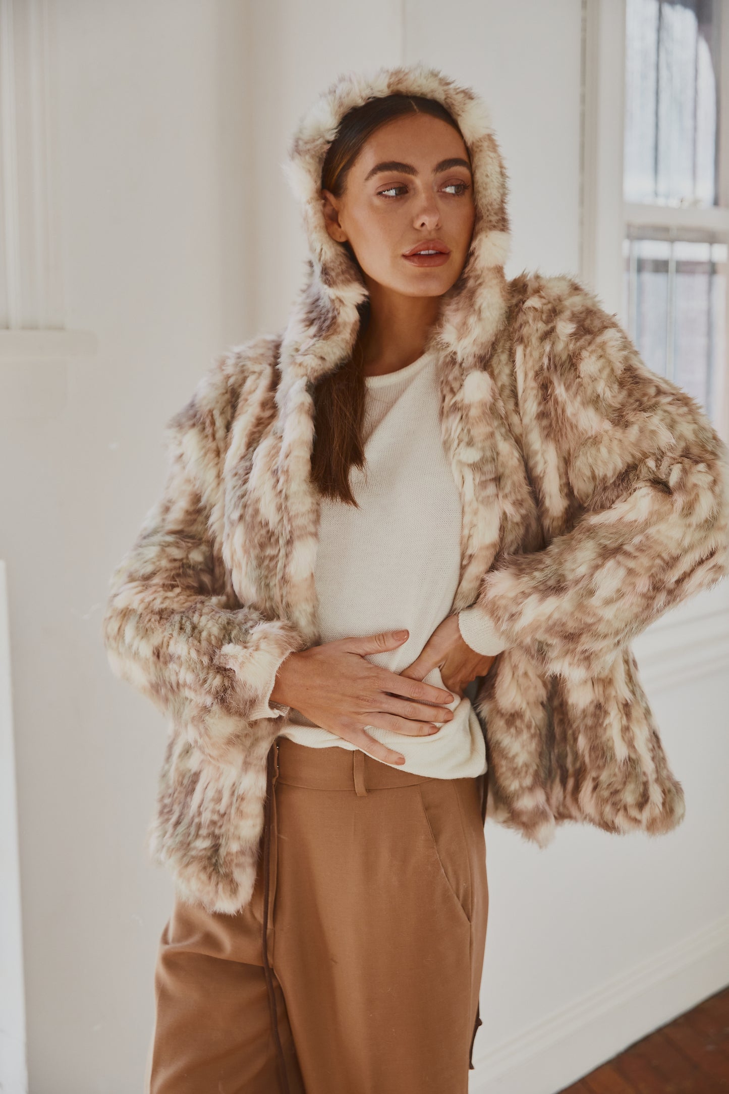 Lady Luxe Furs drawstring Jacket Multi beige