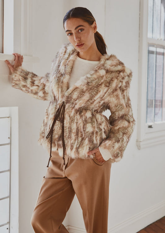 Lady Luxe Furs drawstring Jacket Multi beige