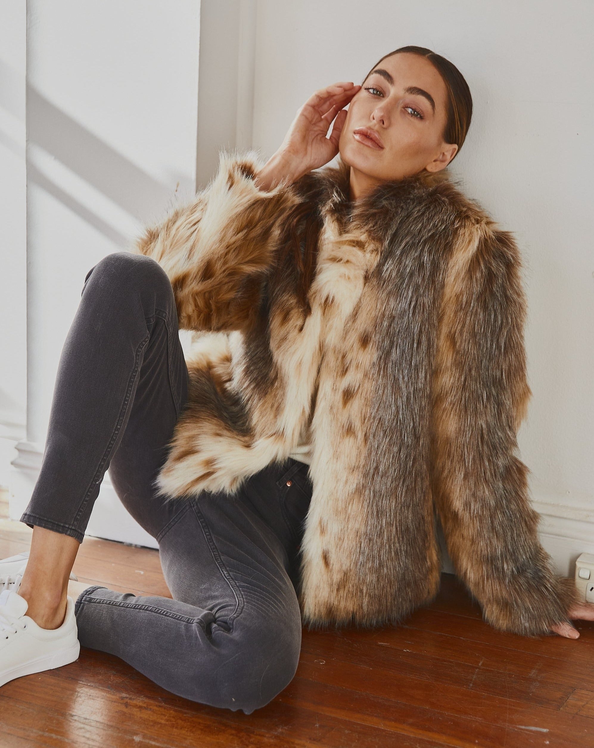 Patched faux fur outlet coat