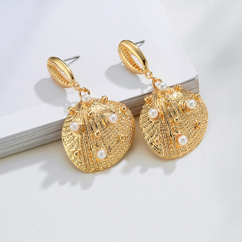 Gold Cowrie Cockle Shell & Pearl drop Earrings